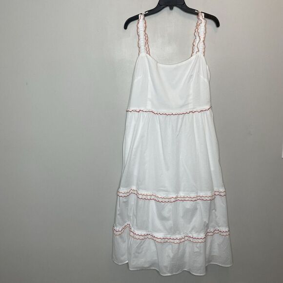 J.CREW Midi Dress Women 14 White Orange Scalloped Trim NEW Pockets Cotton CA107 - Picture 3 of 15